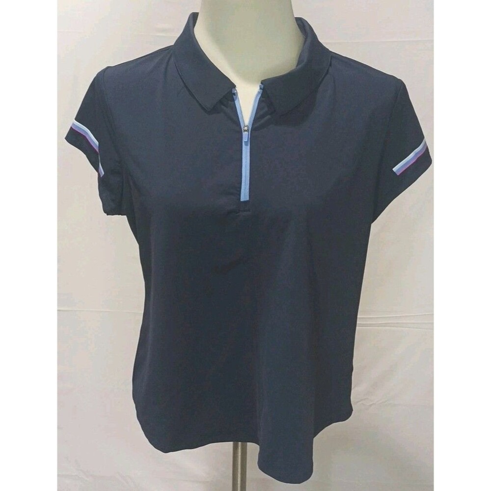 RBX Women's 1/4 Zip Front Short Polo W/ Printed Stripe At Sleeves Large NWT Blue